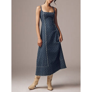 Elliatt 'Cora' Navy Denim Midi Square Neck Dress Size S